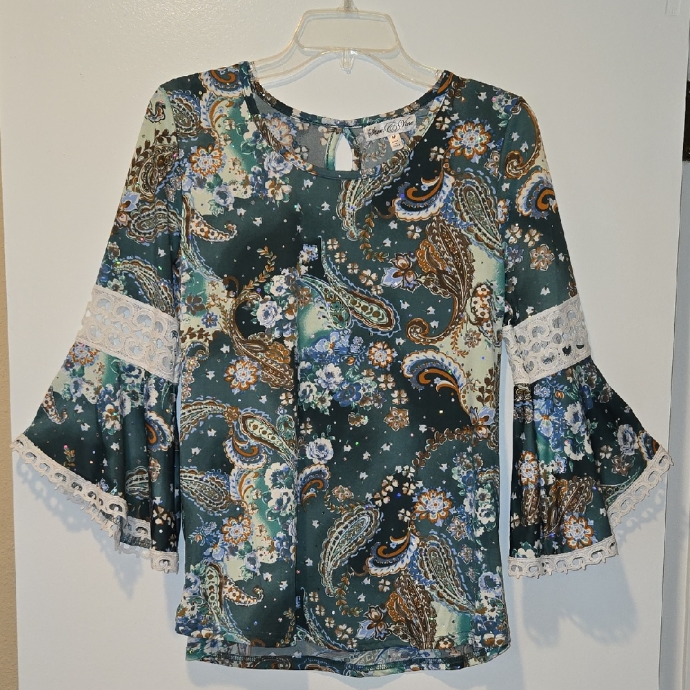 Earthtone Paisley Romantic Floral Fairy Bell Sleeve Whimsigoth Lace Crotchet Top